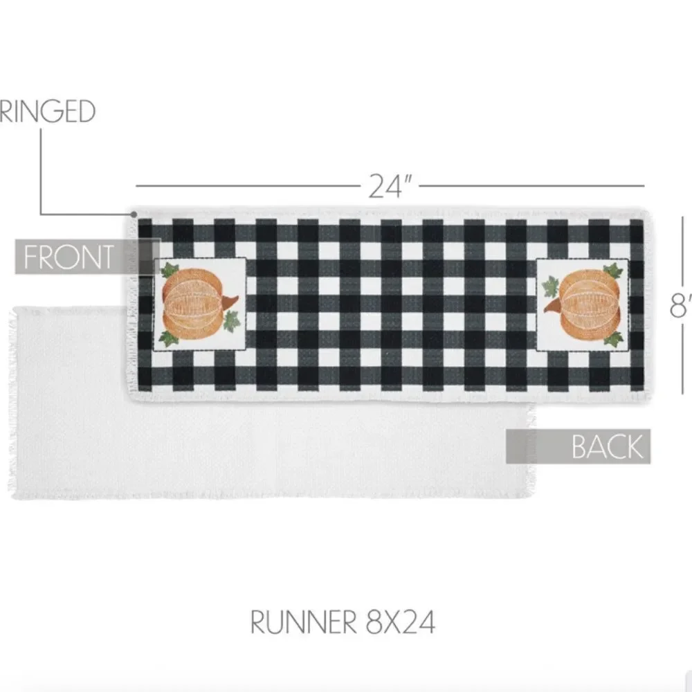 Pumpkin Harvest Buffalo Plaid Table Runner 8x24 Country Farmhouse Fringed